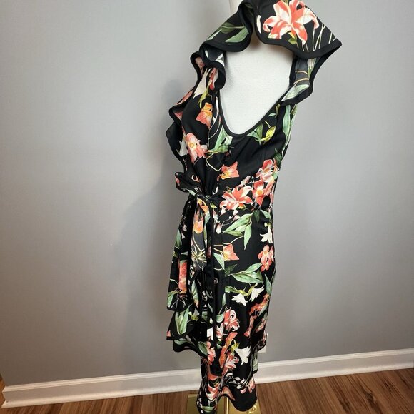Hi There from Karen Walker Black Tropical Wrap Dress Size 6 Ruffle Anthropologie - Picture 5 of 12